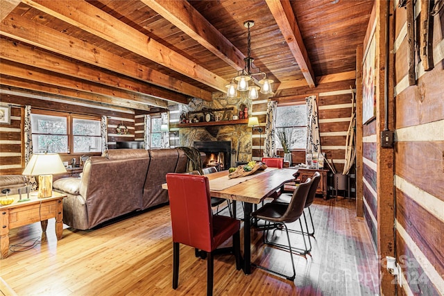 dining space with wooden ceiling, a stone fireplace, light hardwood / wood-style flooring, beamed ceiling, and wood walls