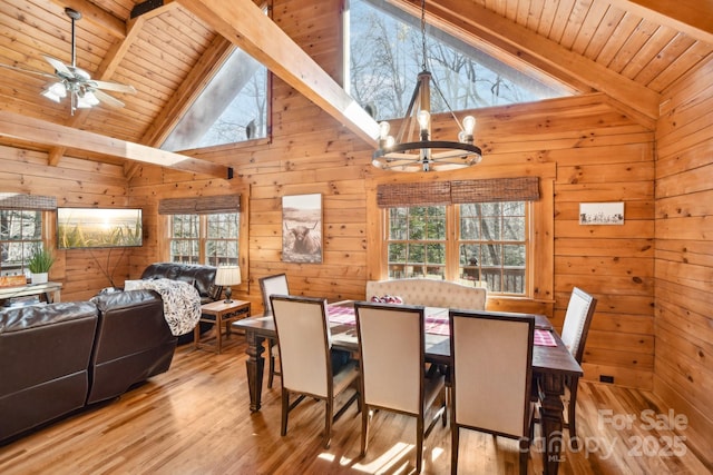 dining area featuring a healthy amount of sunlight, beamed ceiling, and wood walls