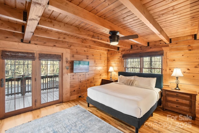 bedroom featuring wood ceiling, wood walls, light wood-type flooring, and access to outside