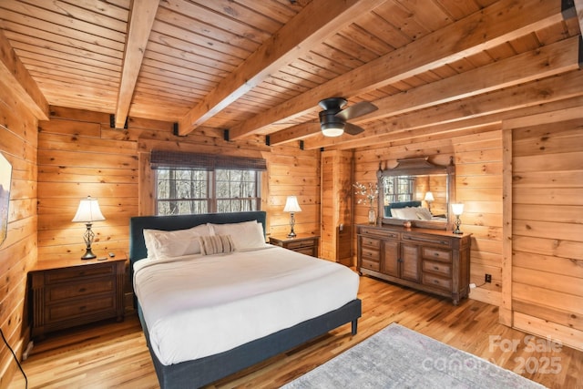 bedroom with beamed ceiling, wooden ceiling, light wood-type flooring, and wood walls