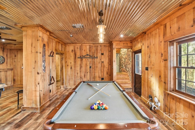 game room with wood-type flooring, wood ceiling, wooden walls, and billiards