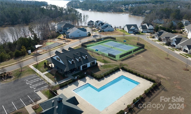 drone / aerial view featuring a water view