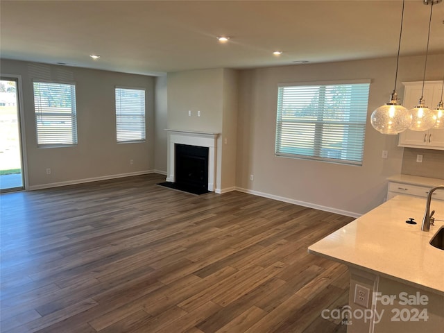 unfurnished living room with dark hardwood / wood-style flooring and sink