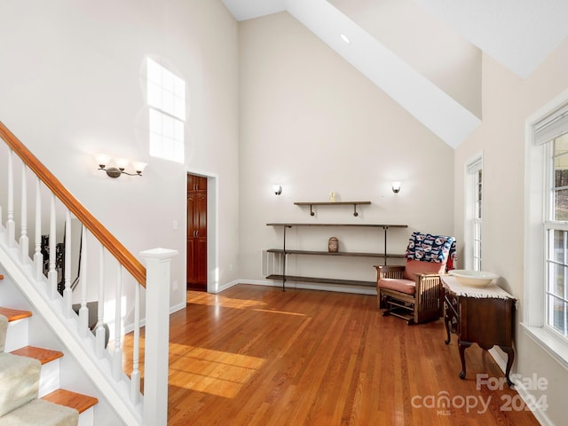 interior space featuring hardwood / wood-style floors and high vaulted ceiling