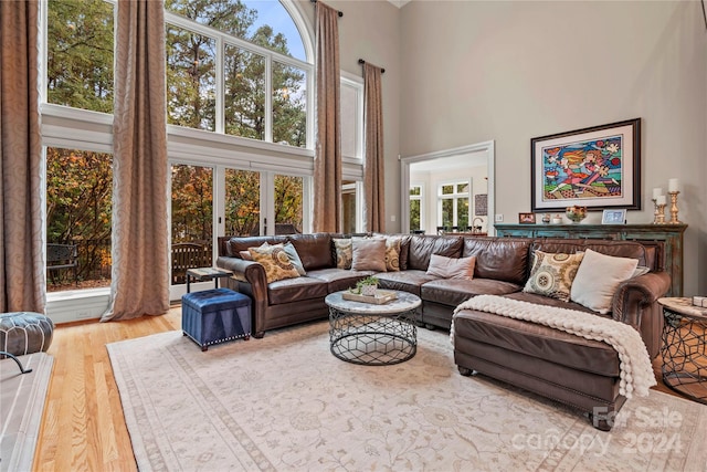 living room featuring french doors, a high ceiling, and hardwood / wood-style flooring