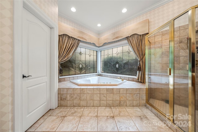 bathroom featuring plus walk in shower, tile patterned floors, and crown molding