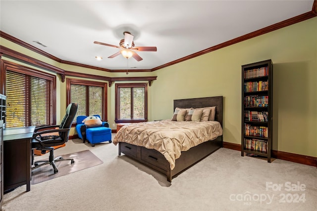 bedroom featuring ceiling fan, light colored carpet, and ornamental molding