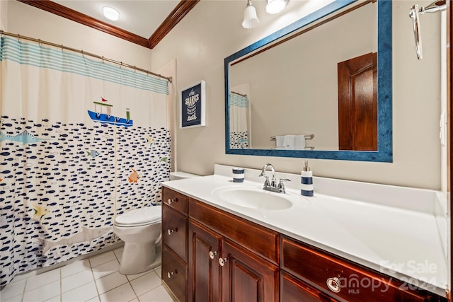 bathroom featuring walk in shower, tile patterned floors, toilet, vanity, and ornamental molding