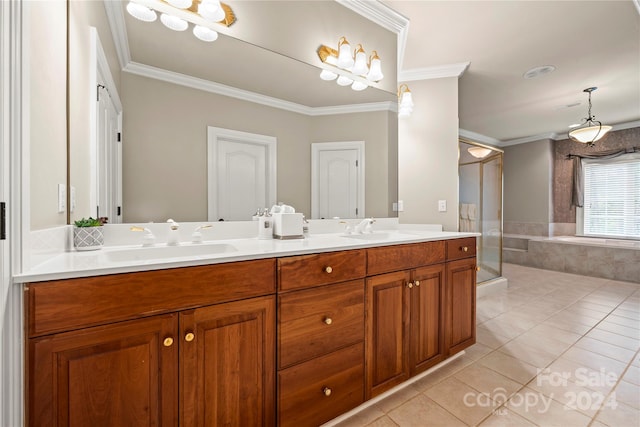 bathroom featuring tile patterned flooring, vanity, an enclosed shower, and ornamental molding