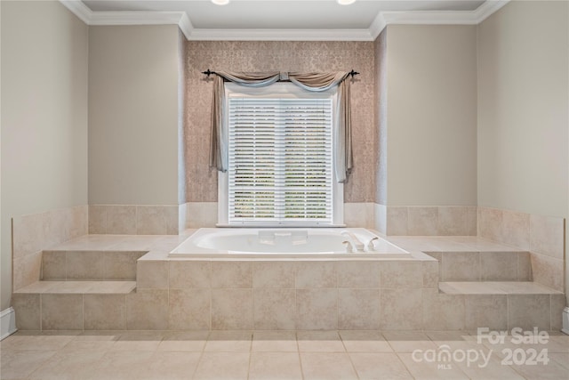 bathroom featuring crown molding, tile patterned flooring, and a relaxing tiled tub