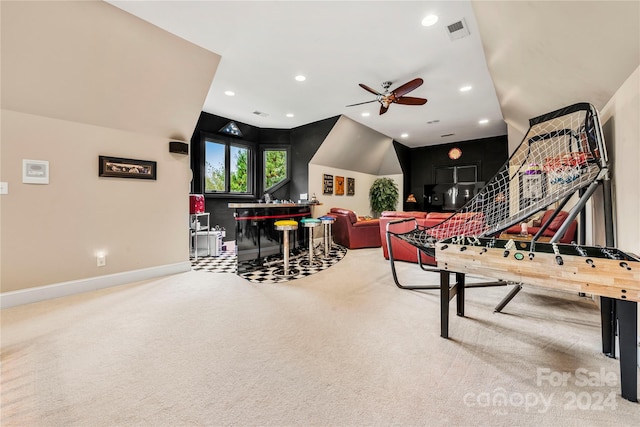 playroom with carpet and ceiling fan