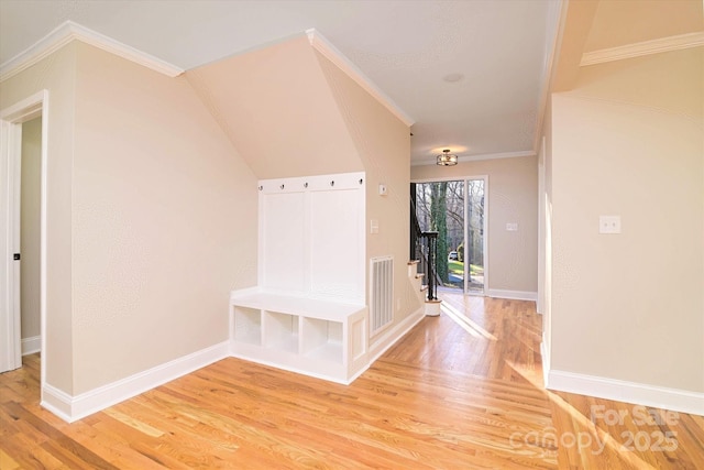 mudroom featuring crown molding and hardwood / wood-style flooring