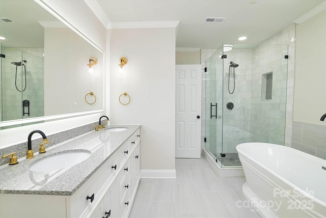 bathroom with independent shower and bath, crown molding, tile patterned floors, and vanity