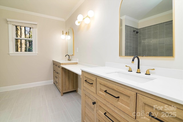 bathroom featuring walk in shower, vanity, and crown molding