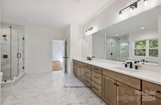 bathroom with vanity and walk in shower