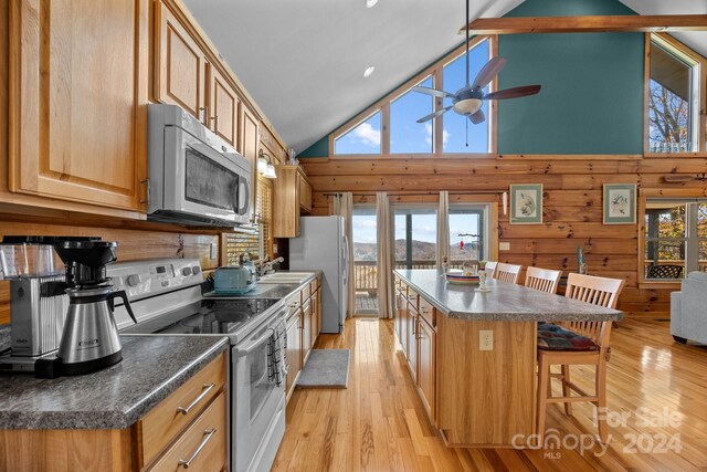 kitchen with high vaulted ceiling, a wealth of natural light, a kitchen island, and appliances with stainless steel finishes