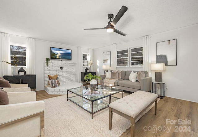 living room featuring ceiling fan and wood-type flooring