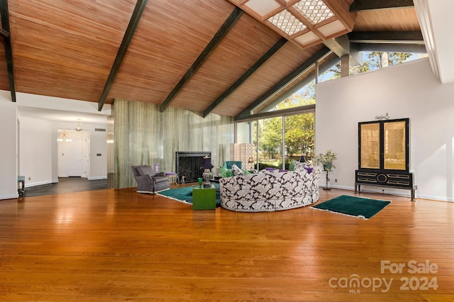 unfurnished living room with hardwood / wood-style floors, beamed ceiling, wood ceiling, and high vaulted ceiling