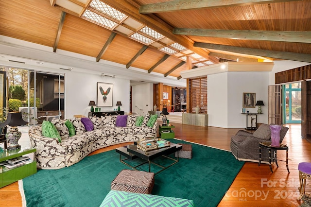 living room with lofted ceiling with beams, hardwood / wood-style flooring, plenty of natural light, and wood ceiling