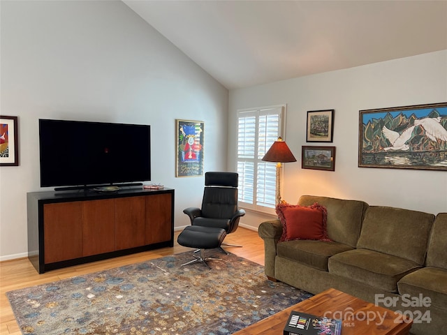 living room with high vaulted ceiling and light hardwood / wood-style flooring