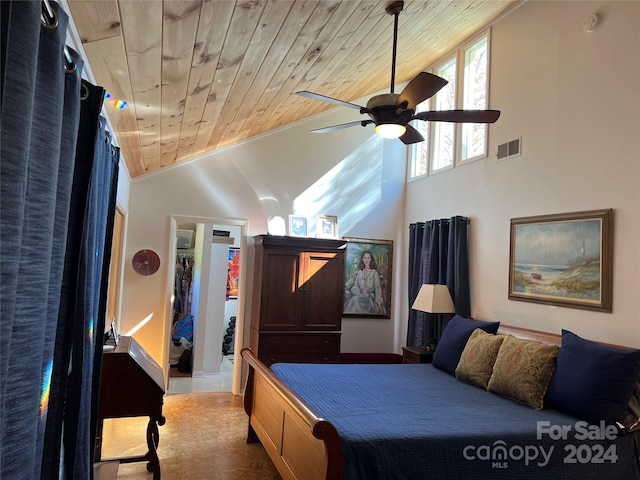 bedroom featuring carpet flooring, ceiling fan, high vaulted ceiling, and wooden ceiling