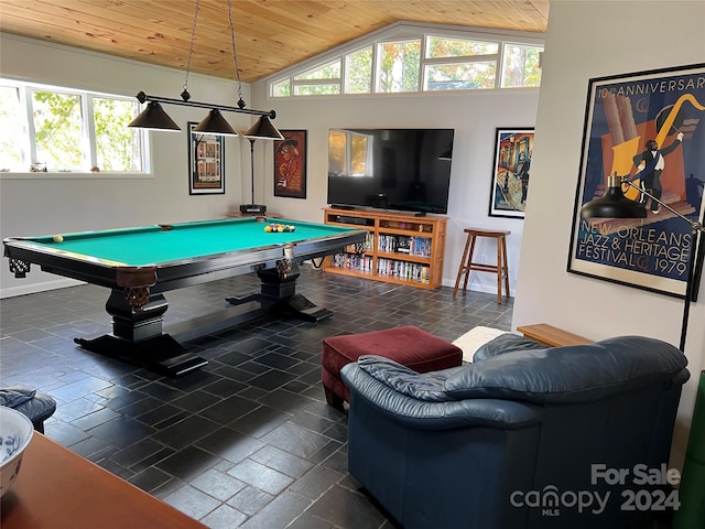 rec room featuring a wealth of natural light, lofted ceiling, and wood ceiling