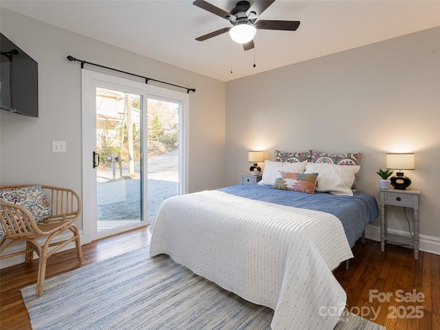 bedroom with dark wood-type flooring, access to exterior, and ceiling fan