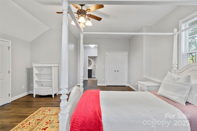 bedroom with ceiling fan, wood finished floors, baseboards, vaulted ceiling, and ornate columns