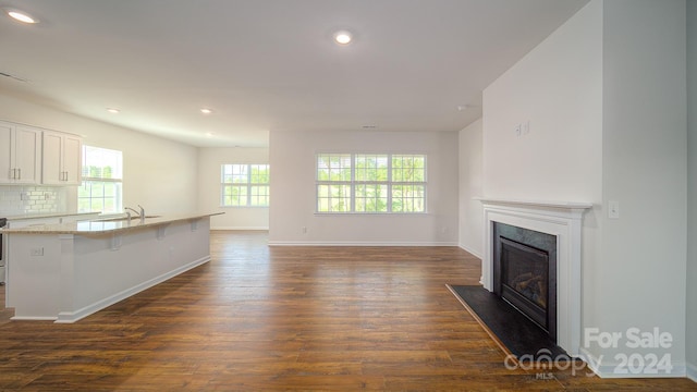 unfurnished living room featuring dark hardwood / wood-style flooring and sink