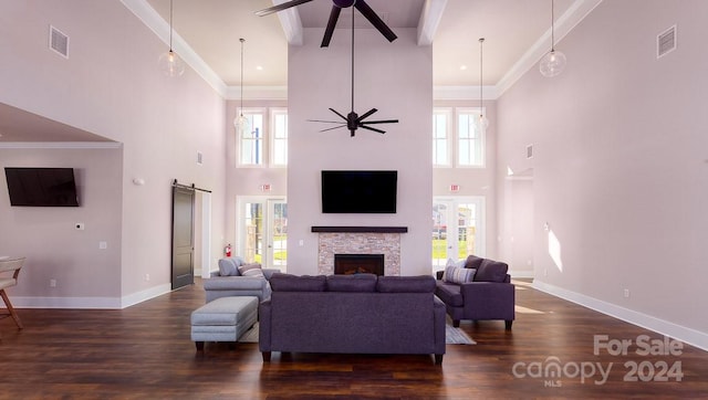 living room featuring a high ceiling, dark wood-type flooring, and a healthy amount of sunlight