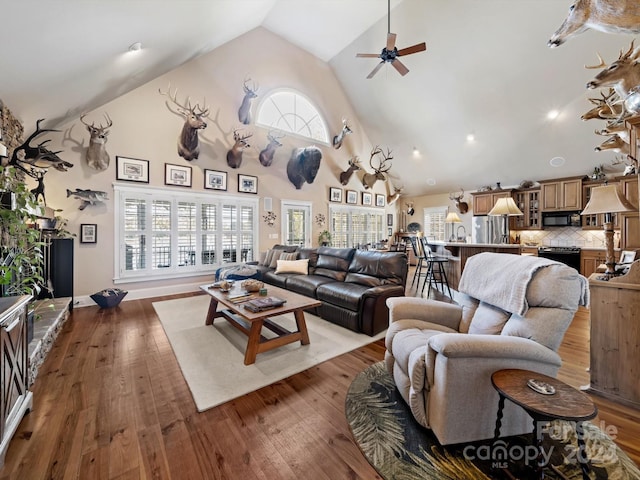 living room featuring wood-type flooring, high vaulted ceiling, a wealth of natural light, and ceiling fan