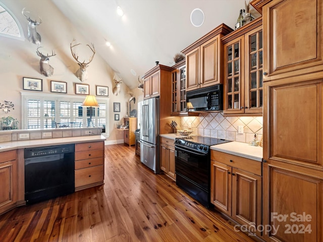 kitchen featuring black appliances, plenty of natural light, dark hardwood / wood-style floors, and high vaulted ceiling