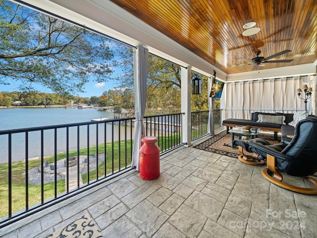 sunroom / solarium featuring ceiling fan and wood ceiling