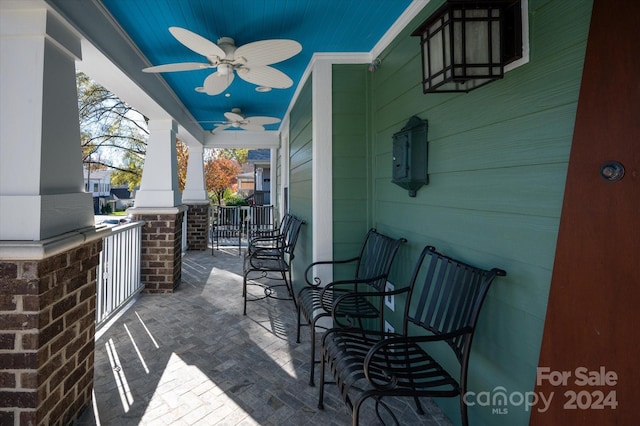 view of patio / terrace featuring ceiling fan and a porch