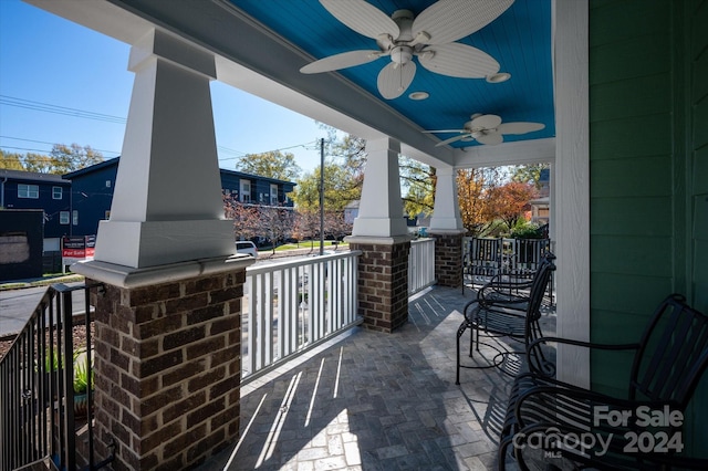 view of patio / terrace featuring ceiling fan and a porch