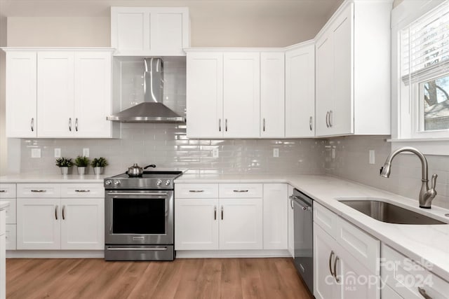 kitchen with white cabinets, sink, wall chimney exhaust hood, and stainless steel appliances