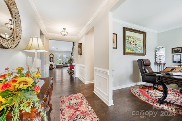 hallway with crown molding and dark wood-type flooring