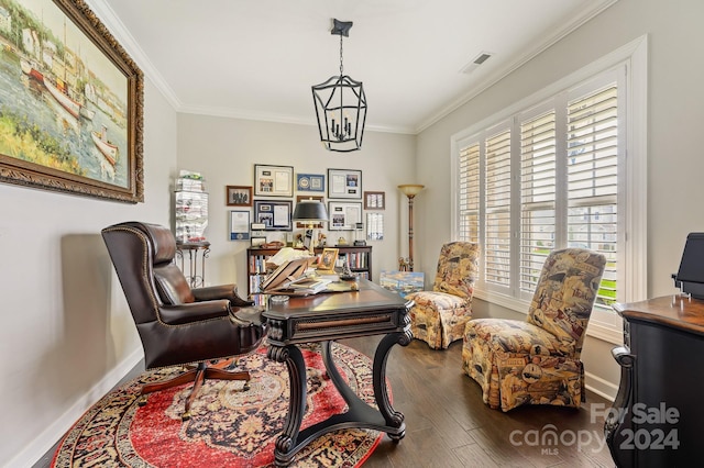 office space with a chandelier, hardwood / wood-style floors, and ornamental molding