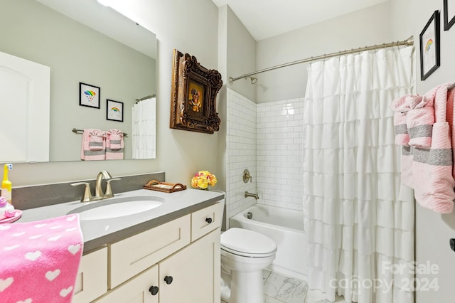 full bathroom featuring vanity, toilet, and shower / bathtub combination with curtain