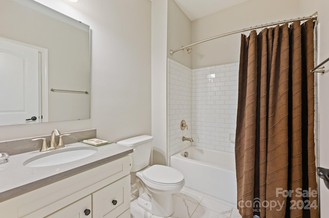 full bathroom featuring vanity, shower / tub combo, and toilet