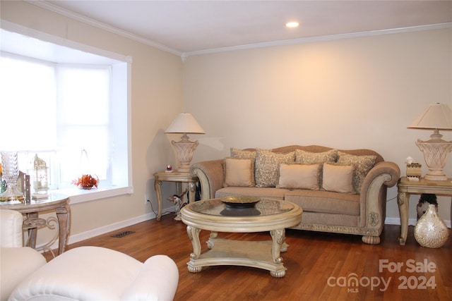 living room featuring dark hardwood / wood-style flooring and ornamental molding