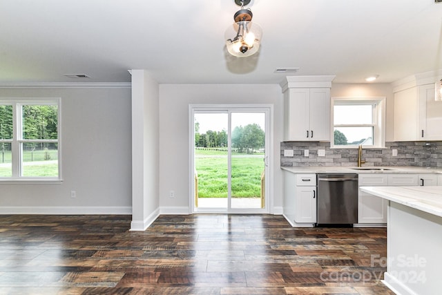 kitchen with a wealth of natural light, white cabinetry, dark hardwood / wood-style flooring, and stainless steel dishwasher