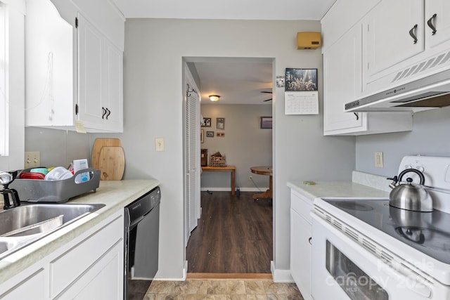 kitchen with white cabinetry, dishwasher, white electric range oven, wood-type flooring, and exhaust hood