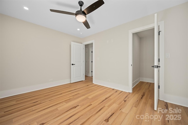 unfurnished bedroom featuring recessed lighting, light wood-style flooring, baseboards, and ceiling fan