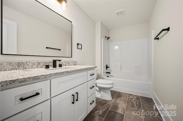 full bathroom featuring visible vents, shower / bathtub combination, toilet, and vanity