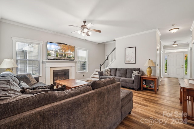 living room with light hardwood / wood-style floors, ornamental molding, and a wealth of natural light