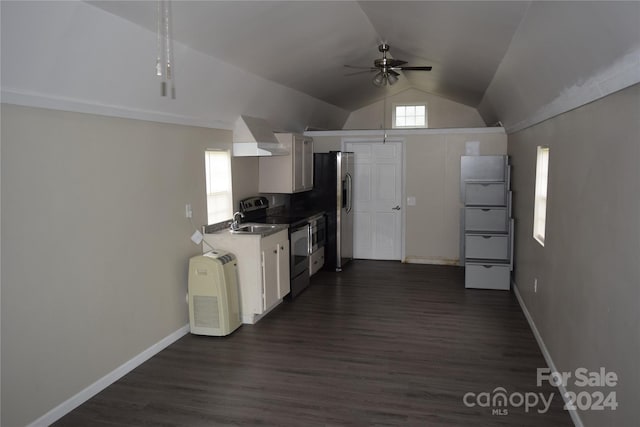 kitchen with dark hardwood / wood-style floors, stainless steel appliances, and vaulted ceiling