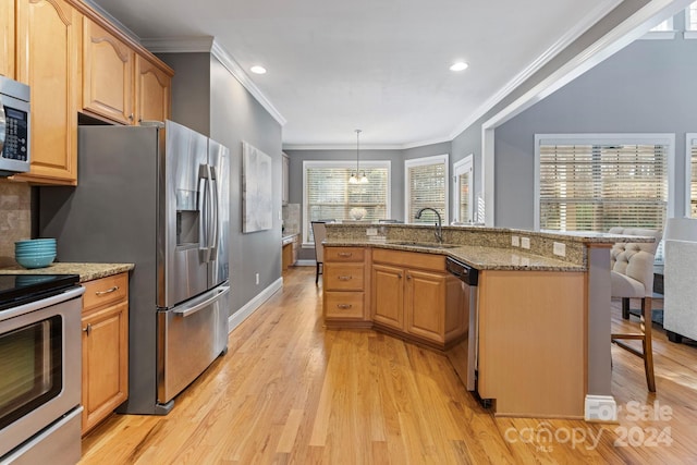 kitchen with sink, stainless steel appliances, pendant lighting, light hardwood / wood-style floors, and a kitchen bar