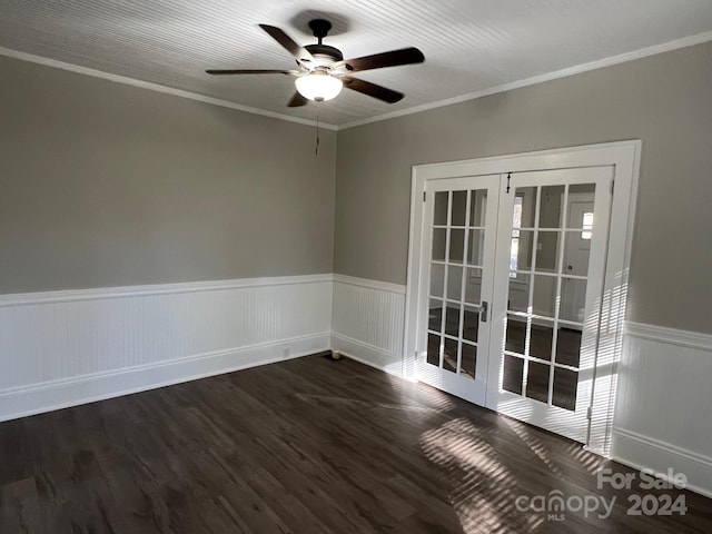 4541 Hall Dairy Rd, Claremont, NC 28610 - empty room featuring ceiling fan, wainscoting, crown molding, and dark wood finished floors