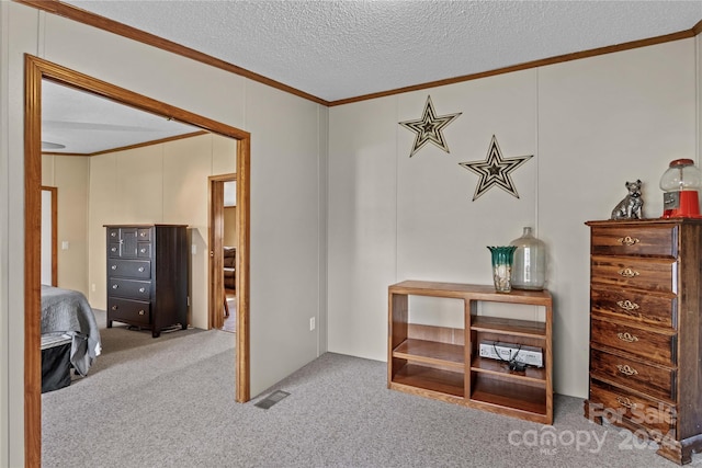 interior space featuring light carpet, crown molding, and a textured ceiling